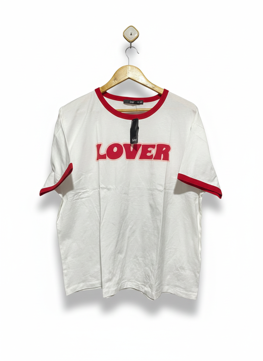 SPORTS GIRL |XXL| BUST 26| WHITE "LOVER" RINGER TEE