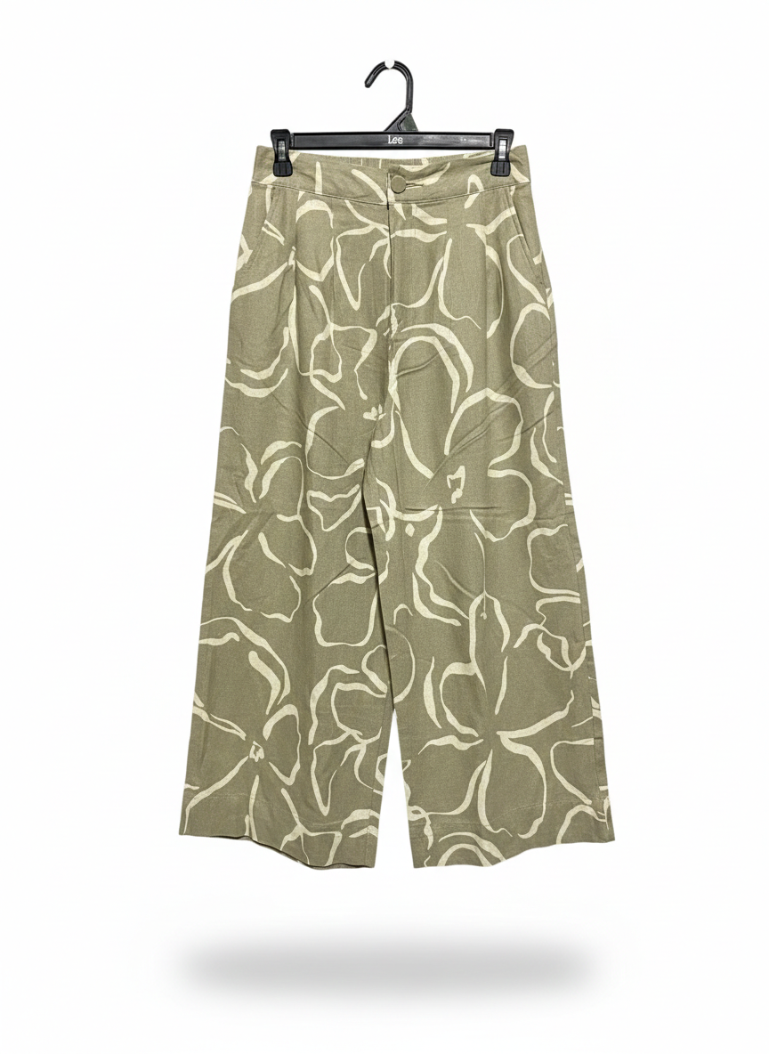 ANKO |M| WAIST 28| WOMEN'S HIGH-WAISTED WIDE-LEG FLORAL TROUSERS IN OLIVE