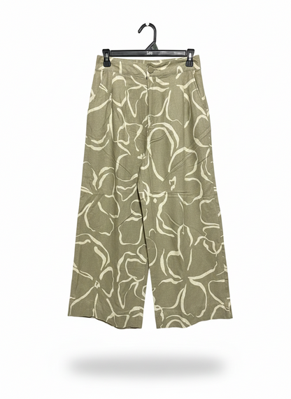 ANKO |M| WAIST 28| WOMEN'S HIGH-WAISTED WIDE-LEG FLORAL TROUSERS IN OLIVE