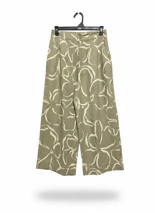 ANKO |M| WAIST 28| C7| WOMEN'S HIGH-WAISTED WIDE-LEG FLORAL TROUSERS IN OLIVE