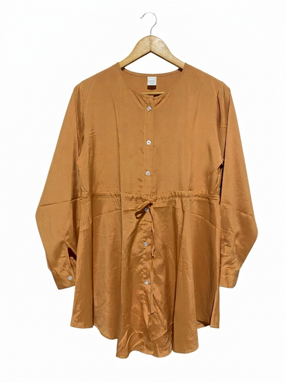 YAMMY S |S/M| BUST 19| B6| WOMEN'S CHIC MUSTARD YELLOW BUTTON-DOWN CINCHED WAIST BLOUSE