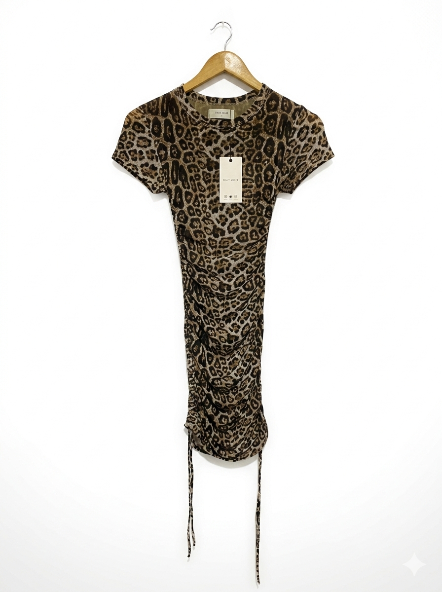 FIRST MUSE |XS| BUST 11| LEOPARD PRINT RUCHED MINI DRESS
