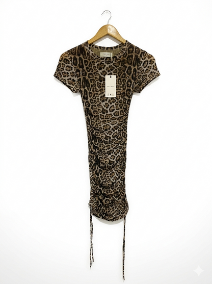 FIRST MUSE |XS| BUST 11| LEOPARD PRINT RUCHED MINI DRESS