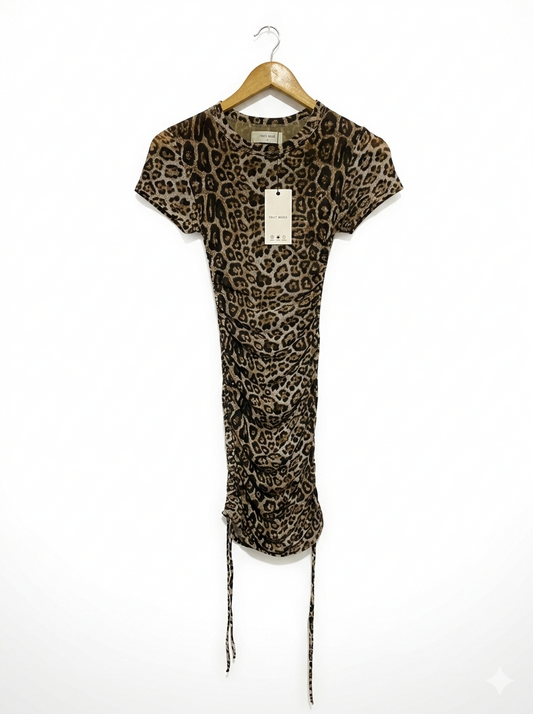 FIRST MUSE |XS| BUST 11| LEOPARD PRINT RUCHED MINI DRESS