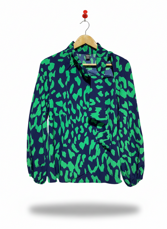 SHEIN |M| BUST 19| C9|  ANIMAL PRINT BOW TIE BLOUSE - GREEN/NAVY