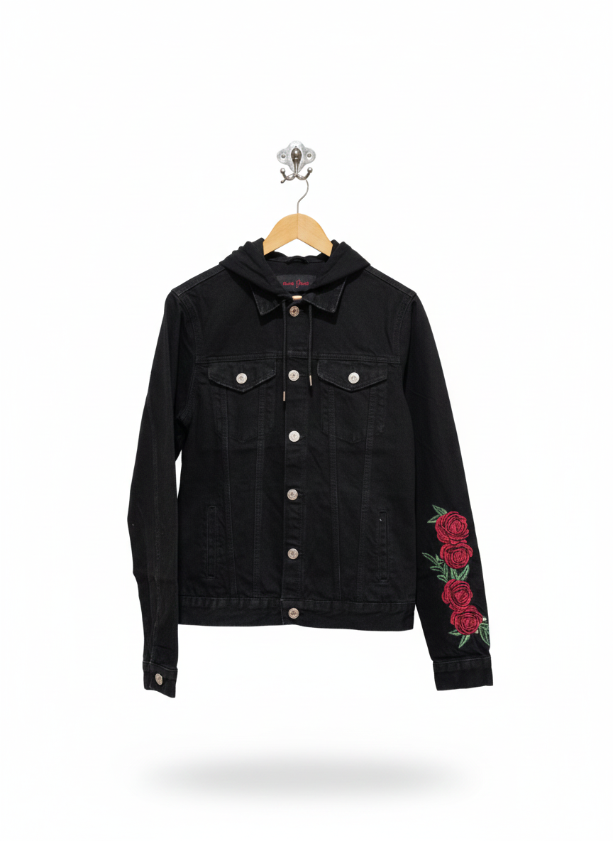 CONDEMED NATION|S/M|BUST 20|HOODED BLACK JEAN JACKET WITH ROSE PATCHES