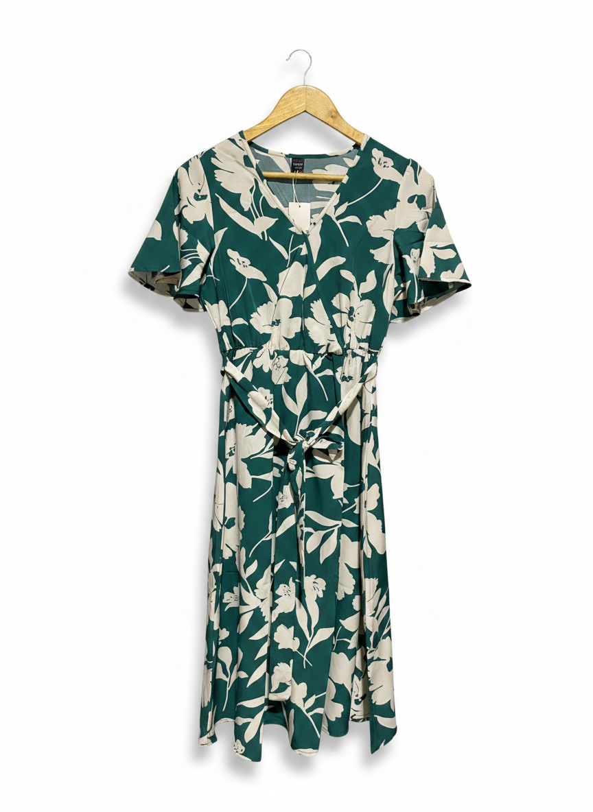 EMERY ROSE |M| BUST 18| C4|VIBRANT TEAL BOTANICAL PRINT MIDI DRESS - V-NECK WITH TIE WAIST