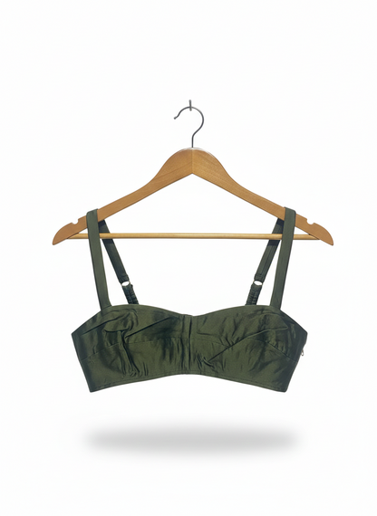 OROTON |M| BUST 15| LUSTROUS OLIVE SATIN BUSTIER CROP TOP