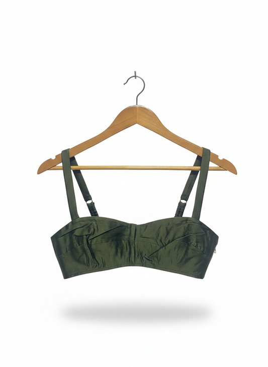 OROTON |M| BUST 15| LUSTROUS OLIVE SATIN BUSTIER CROP TOP