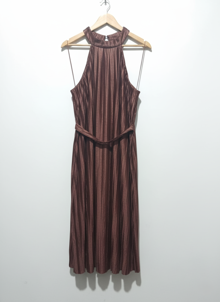Next Brown Pleated Halterneck Tie-Waist Midi Dress
