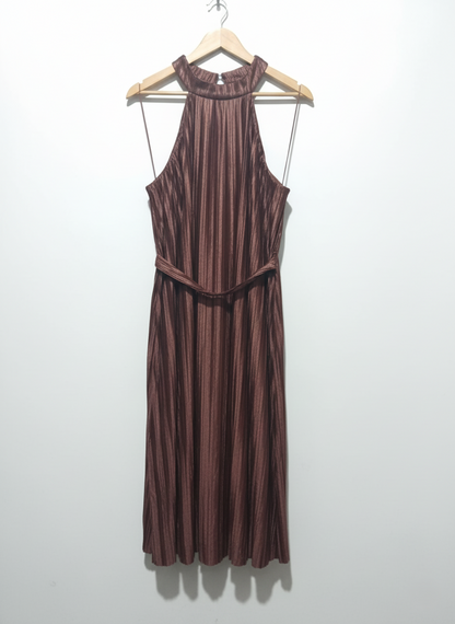 Next Brown Pleated Halterneck Tie-Waist Midi Dress