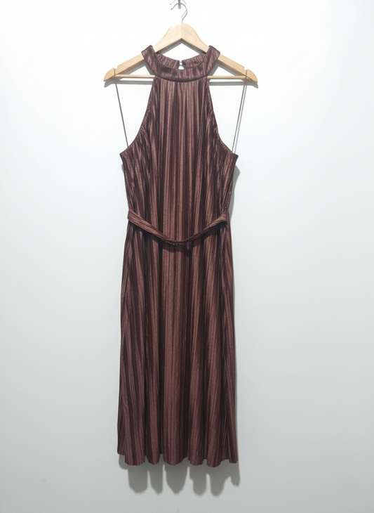 Next Brown Pleated Halterneck Tie-Waist Midi Dress