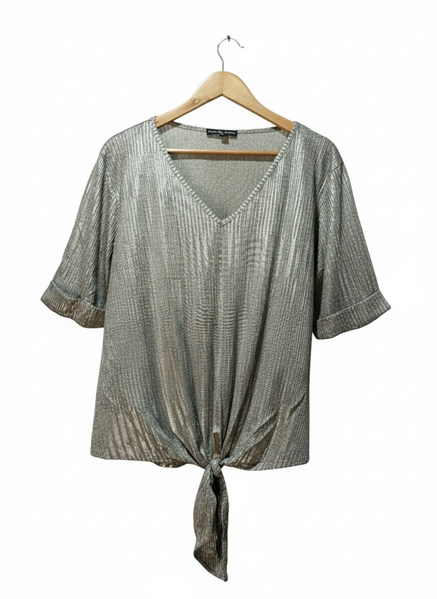 Kim & Cami Women Silver Metallic Short Sleeve Knot Tie Top W-21 / L-23