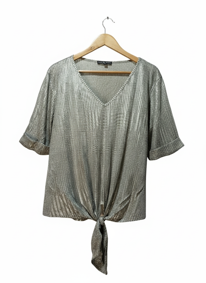 Kim & Cami Women Silver Metallic Short Sleeve Knot Tie Top W-21 / L-23