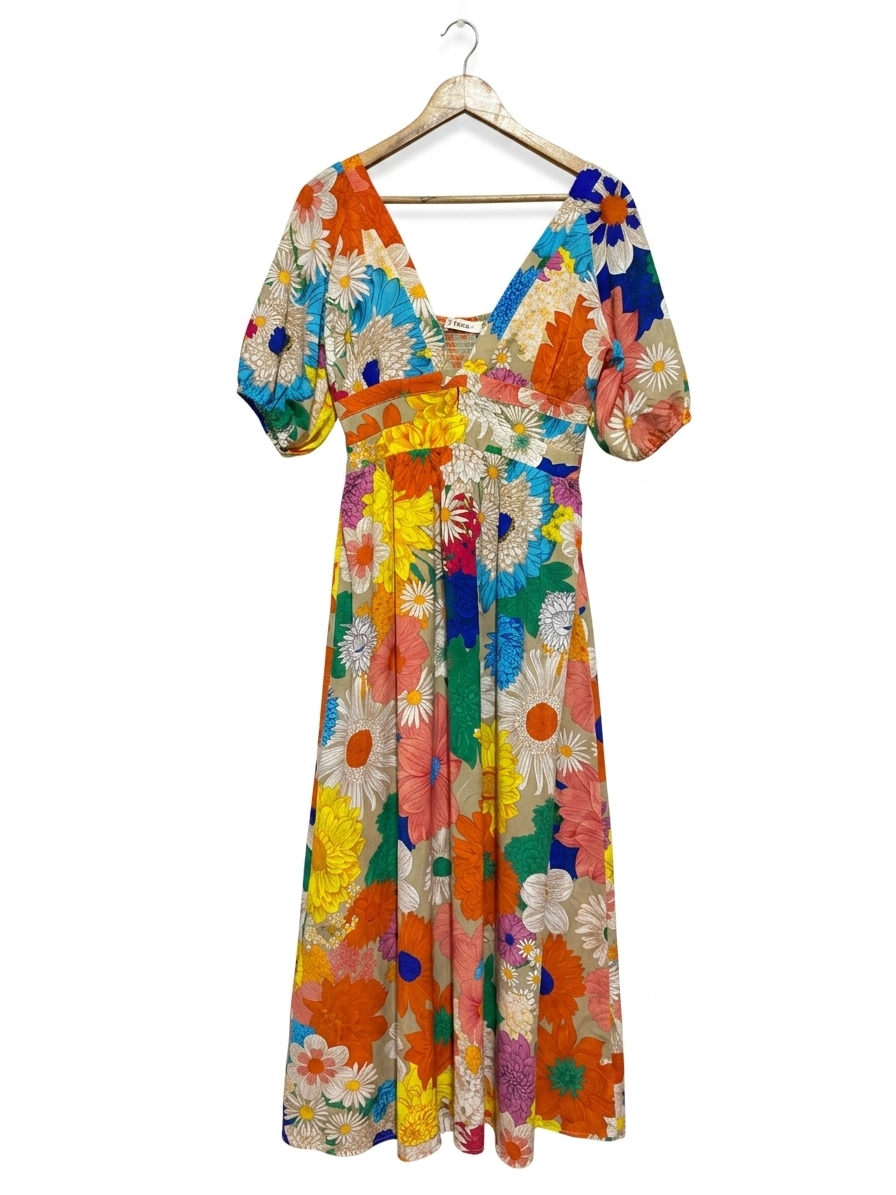 ST FROCK |M| BUST 17| B26| TREE VIBRANT FLORAL V-NECK MAXI DRESS