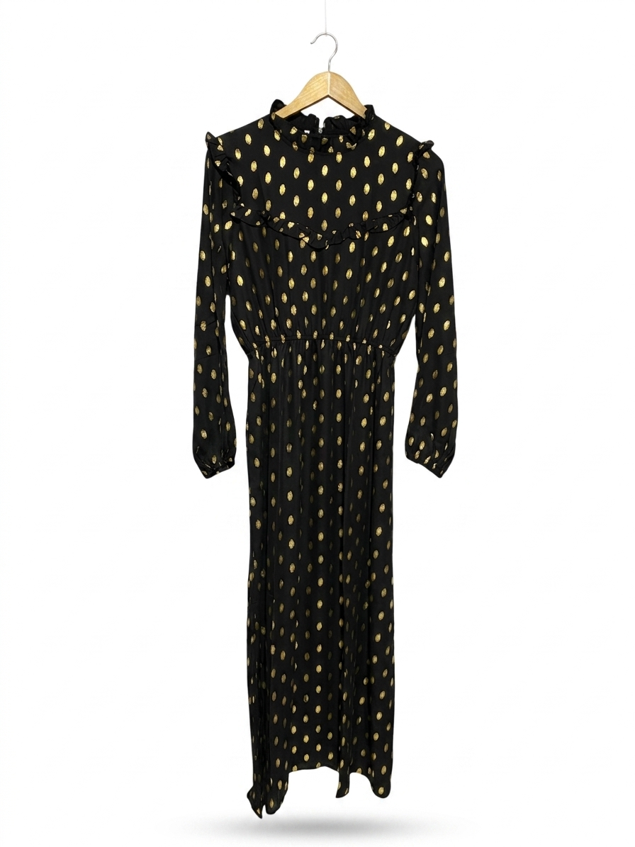 SHEIN |M| BUST 19| B16| ELEGANT BLACK & GOLD METALLIC POLKA DOT RUFFLE MIDI DRESS