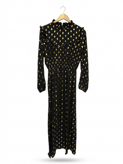SHEIN |M| BUST 19| B16| ELEGANT BLACK & GOLD METALLIC POLKA DOT RUFFLE MIDI DRESS