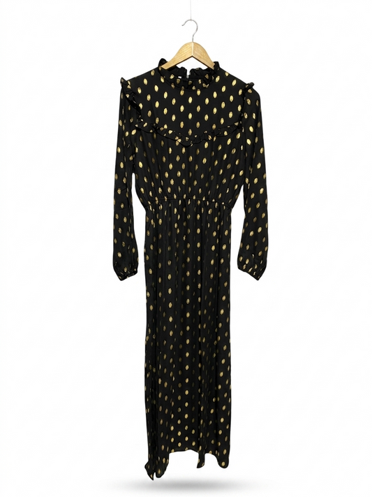 SHEIN |M| BUST 19| B16| ELEGANT BLACK & GOLD METALLIC POLKA DOT RUFFLE MIDI DRESS