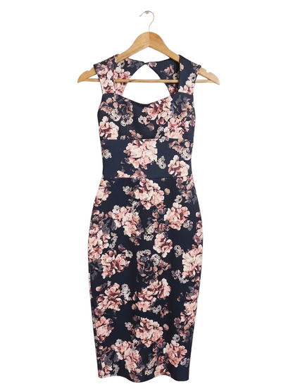 BOOHOO |S| BUST 13| B23| NAVY FLORAL CUT-OUT BODYCON MIDI DRESS
