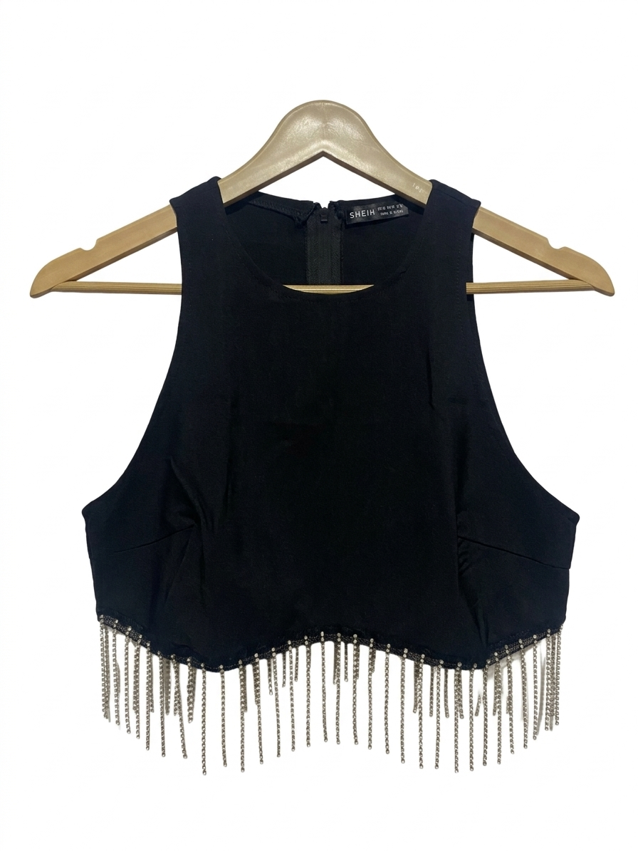 SHEIN |M| BUST 17| B9| BLACK RACERBACK CROP TOP WITH RHINESTONE FRINGE