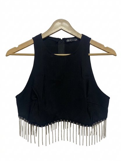 SHEIN |M| BUST 17| B9| BLACK RACERBACK CROP TOP WITH RHINESTONE FRINGE