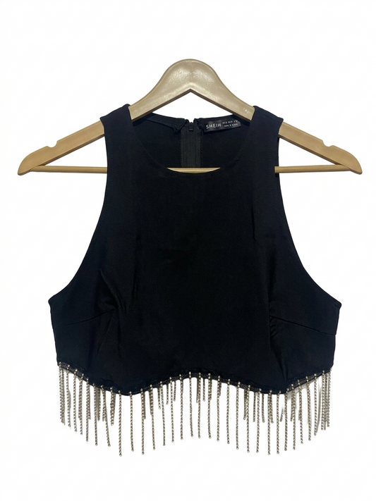 SHEIN |M| BUST 17| B9| BLACK RACERBACK CROP TOP WITH RHINESTONE FRINGE