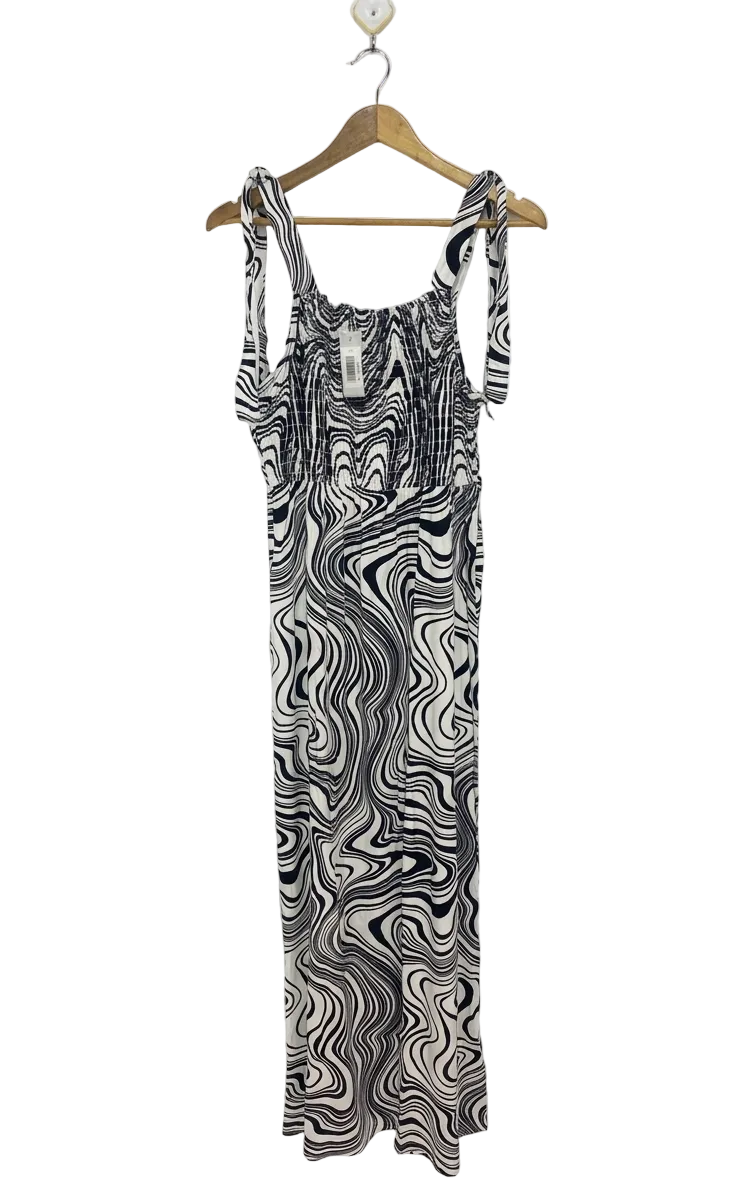 PAPAYA | M| BUST 19 | B9| CHIC MONOCHROME WAVE PRINT SMOCKED MAXI DRESS