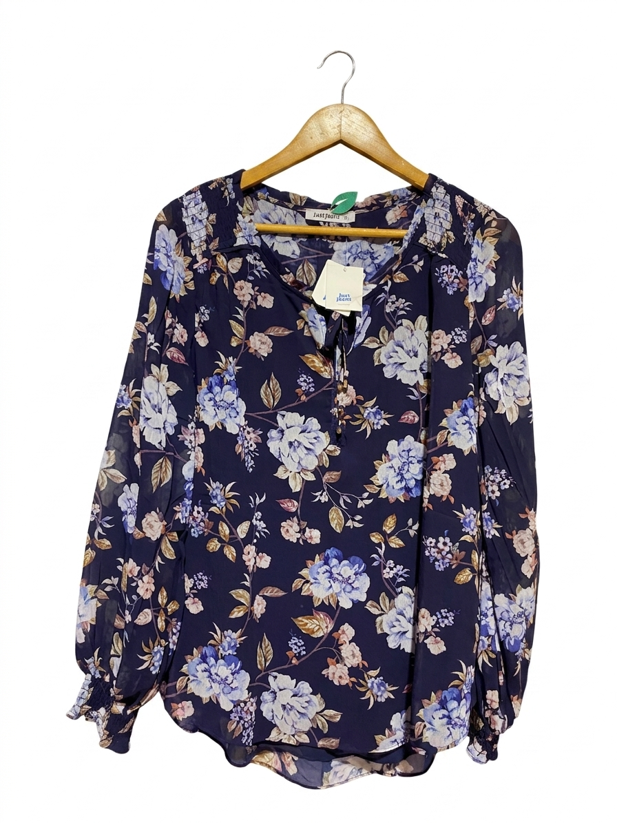 JUST JEANS |XL| BUST 22| B37| NAVY BLUE FLORAL BLOUSE LONG BILLOW SLEEVE BOOHO PEASANT TOP