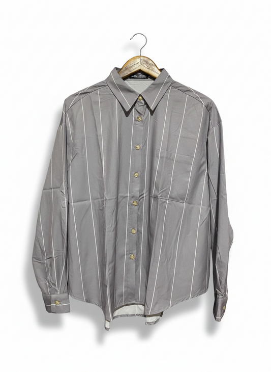 SHEIN |XL| BUST 24| CLASSIC GREY VERTICAL PINSTRIPE BUTTON-DOWN SHIRT
