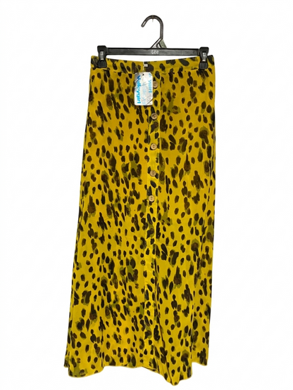 VALLEY GILR | XS| WAIST 24| B27| WOMEN'S MUSTARD YELLOW LEOPARD PRINT MAXI SKIRT – BUTTON-FRONT BOHO CHIC LONG SKIRT