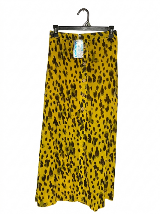 VALLEY GILR | XS| WAIST 24| B27| WOMEN'S MUSTARD YELLOW LEOPARD PRINT MAXI SKIRT – BUTTON-FRONT BOHO CHIC LONG SKIRT