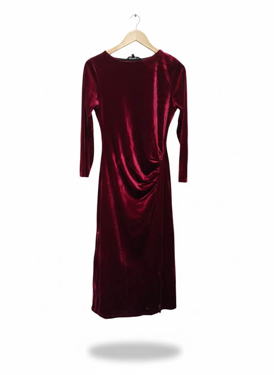 PEACOCKS|M|BUST 18|BURGUNDY VELVET RUCHED MIDI DRESS