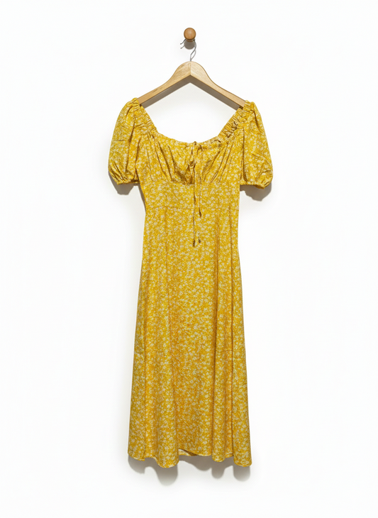 SHEIN |S| BUST 17| SUNFLOWER YELLOW FLORAL MIDI DRESS - ROMANTIC PUFF SLEEVE COTTAGECORE DAY DRESS