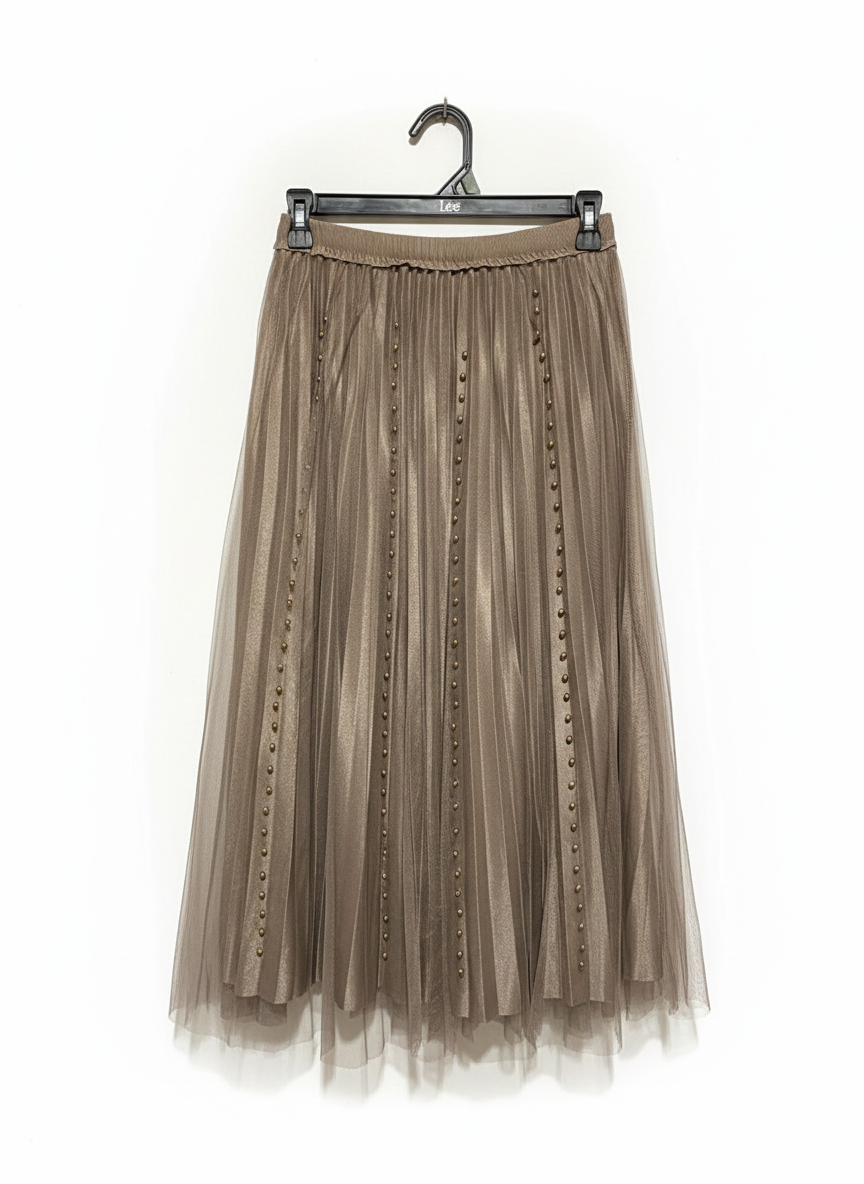 METALLIC BRONZE PLEATED TULLE MIDI SKIRT WITH EMBELLISHED ACCENTS |M| WAIST 26|