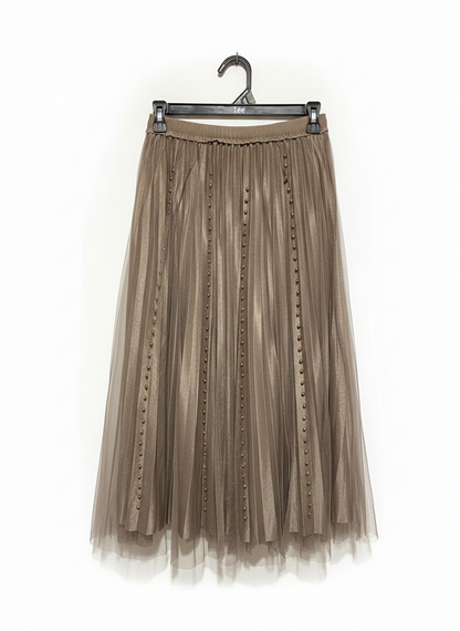 METALLIC BRONZE PLEATED TULLE MIDI SKIRT WITH EMBELLISHED ACCENTS |M| WAIST 26|