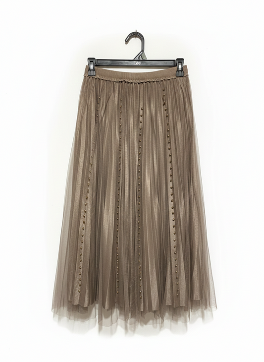 METALLIC BRONZE PLEATED TULLE MIDI SKIRT WITH EMBELLISHED ACCENTS |M| WAIST 26|