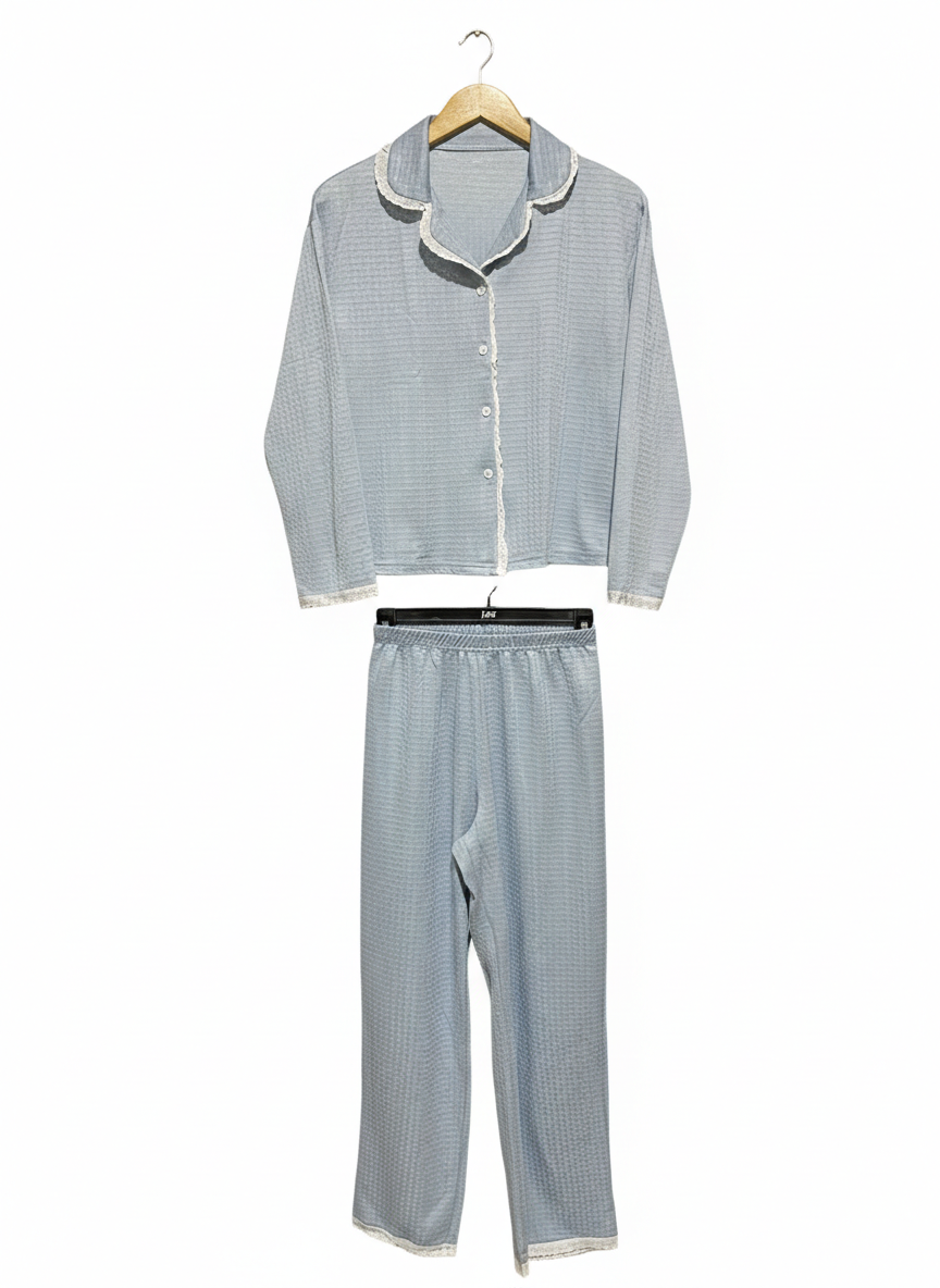 |S| COZY DUSTY GREY WAFFLE-KNIT PAJAMA SET