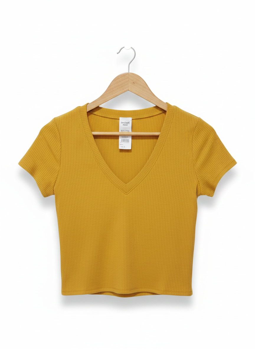 DESTINED|M|BUST 15.5|Mustard Yellow Ribbed V-Neck Crop Top