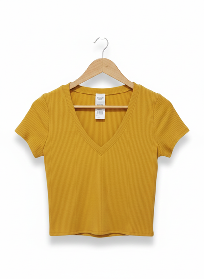 DESTINED|M|BUST 15.5|Mustard Yellow Ribbed V-Neck Crop Top