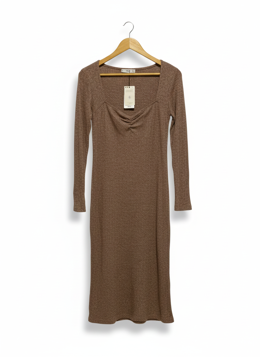 MNG|M|BUST 17|LONG SLEEVE SQUARE NECK RIBBED MIDI DRESS