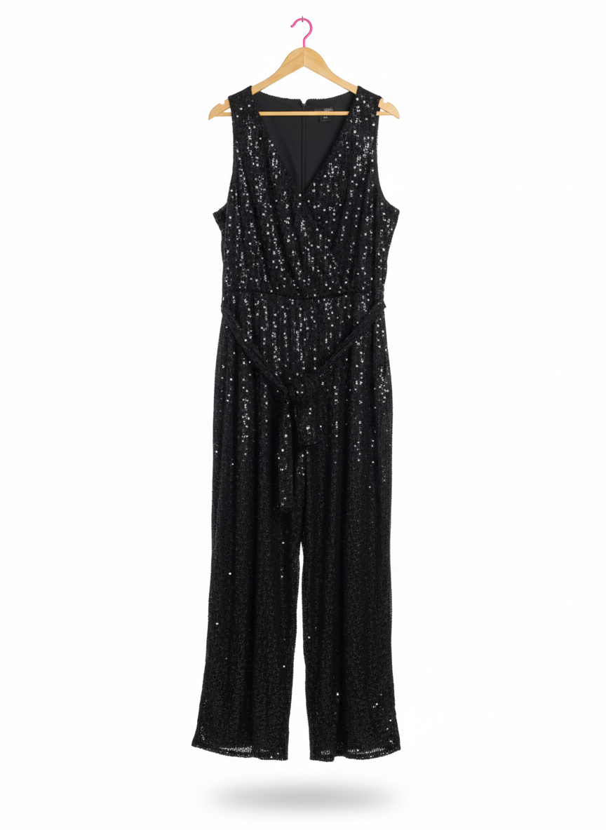 CITY CHICK|L/XL|BUST 21|BLACK SEQUIN SLEEVELESS WIDE LEG JUMPSUIT