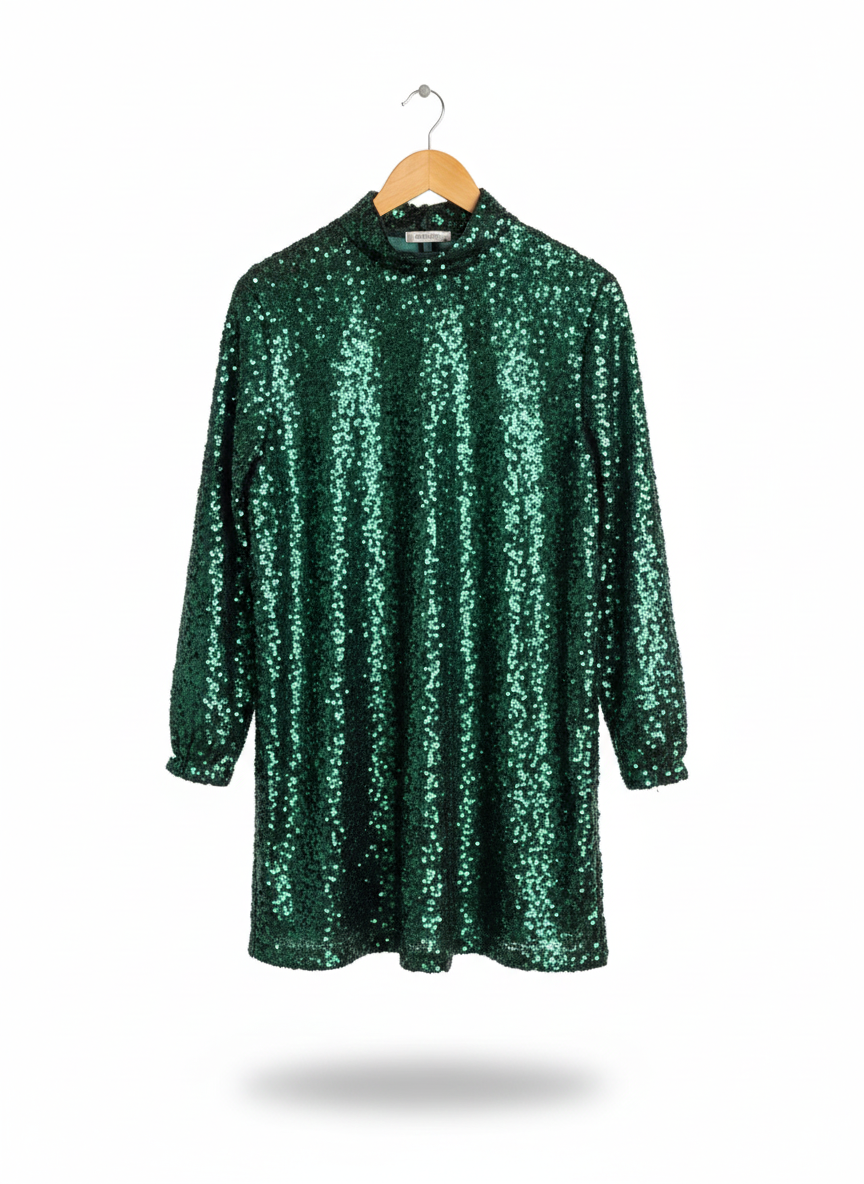 H&M|XS/S|BUST 20|GREEN SEQUIN MOCK NECK MINI DRESS