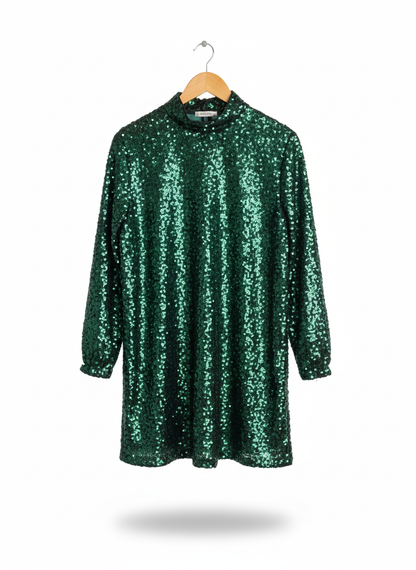 H&M|XS/S|BUST 20|GREEN SEQUIN MOCK NECK MINI DRESS