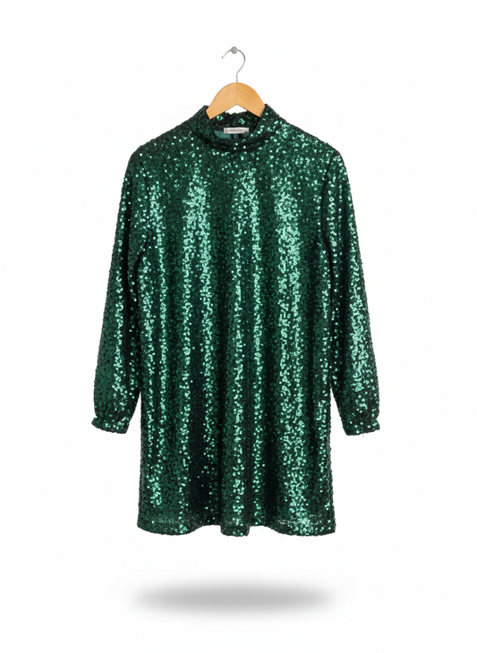 H&M|XS/S|BUST 20|GREEN SEQUIN MOCK NECK MINI DRESS