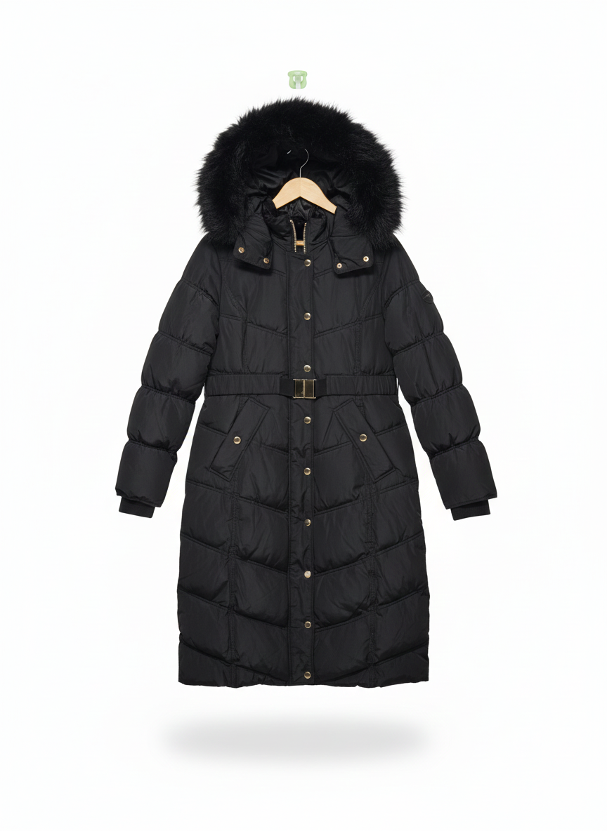 RIVER ISLAND|M|BUST 19|LACK LONGLINE BELTED PUFFER COAT WITH FAUX FUR HOOD
