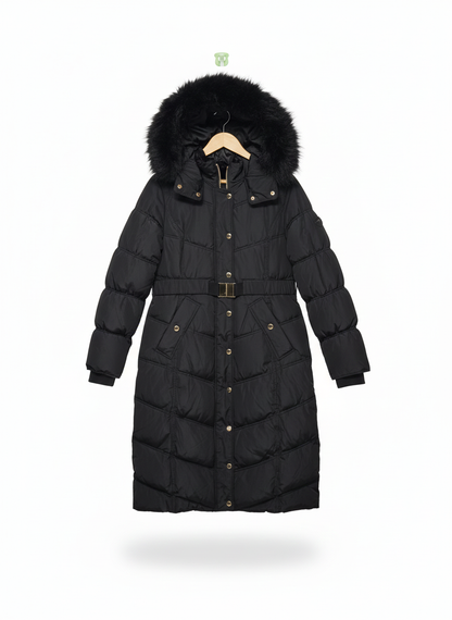 RIVER ISLAND|M|BUST 19|LACK LONGLINE BELTED PUFFER COAT WITH FAUX FUR HOOD