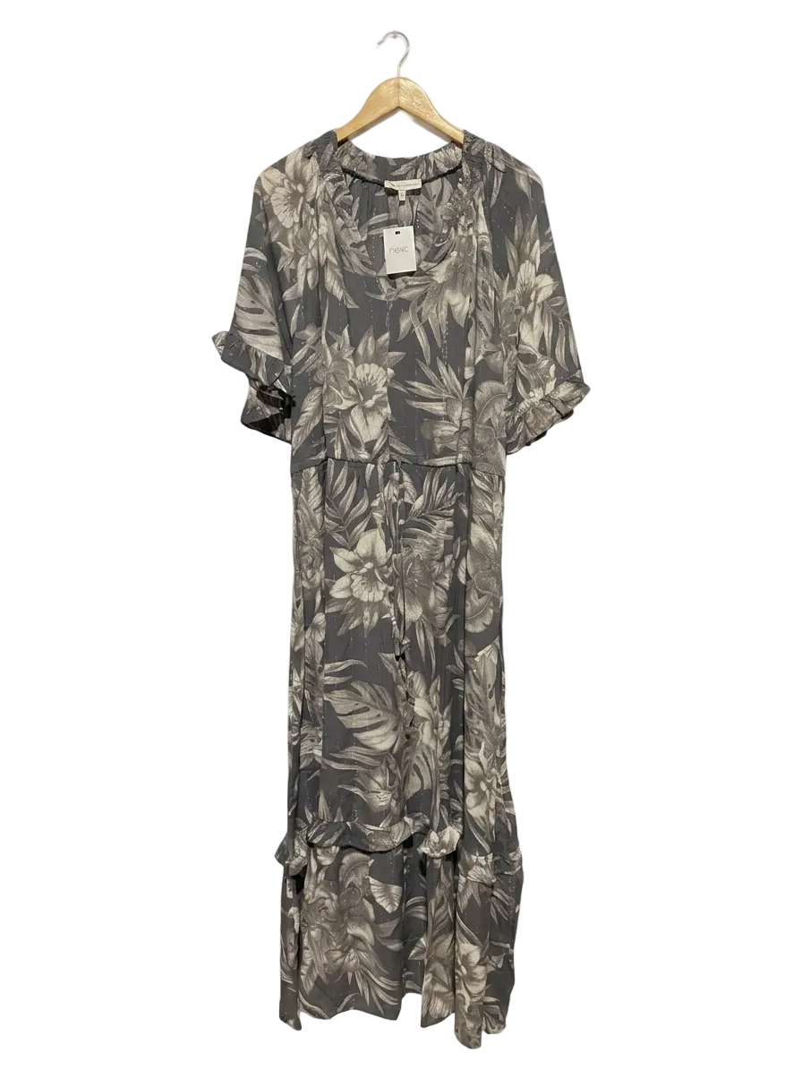 NEXT |L| BUST 22| B13| CHARCOAL GREY FLORAL METALLIC STRIPE MAXI DRESS