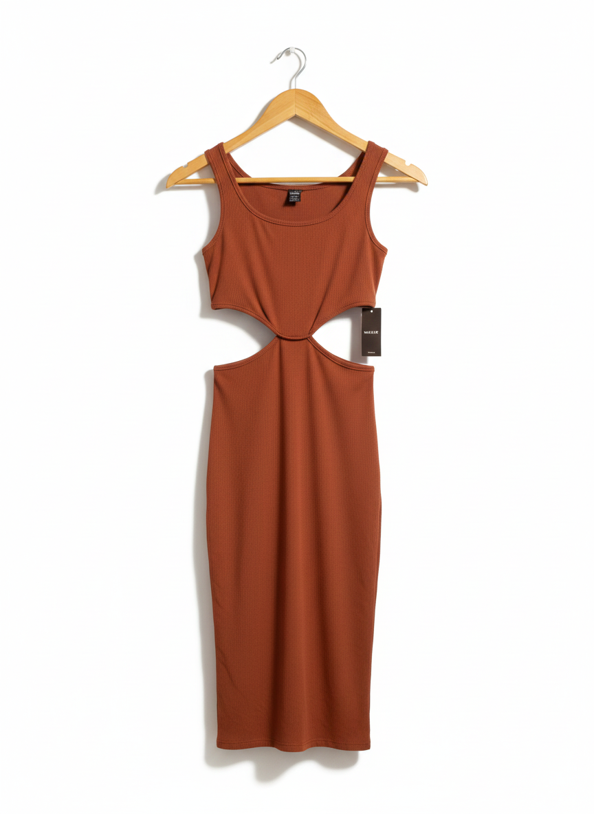 SHEIN |XS|BUST 12|RUST BROWN RIBBED CUT-OUT MIDI DRESS