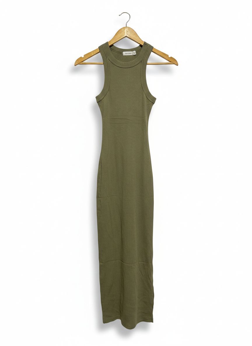 GLASSONS |XS| BUST 11| Khaki Green Ribbed Midi Dress