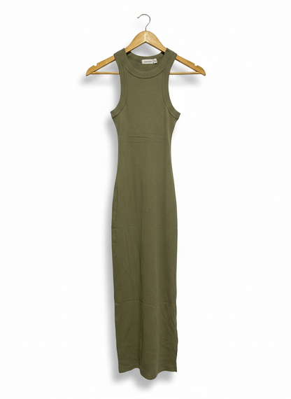 GLASSONS |XS| BUST 11| Khaki Green Ribbed Midi Dress
